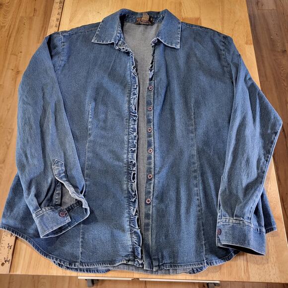 Van Heusen Denim Collared Button Down Cotton Ruffle Detail Medium Stretch - Picture 1 of 8